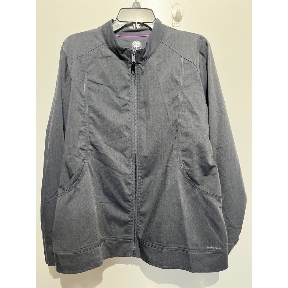 Healing Hands Women Charcoal Gray Full Zip Scrub Jacket Mock Neck Size L